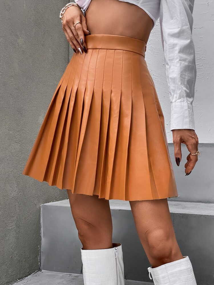 High Waist PU Leather Pleated Skirt | SHEIN