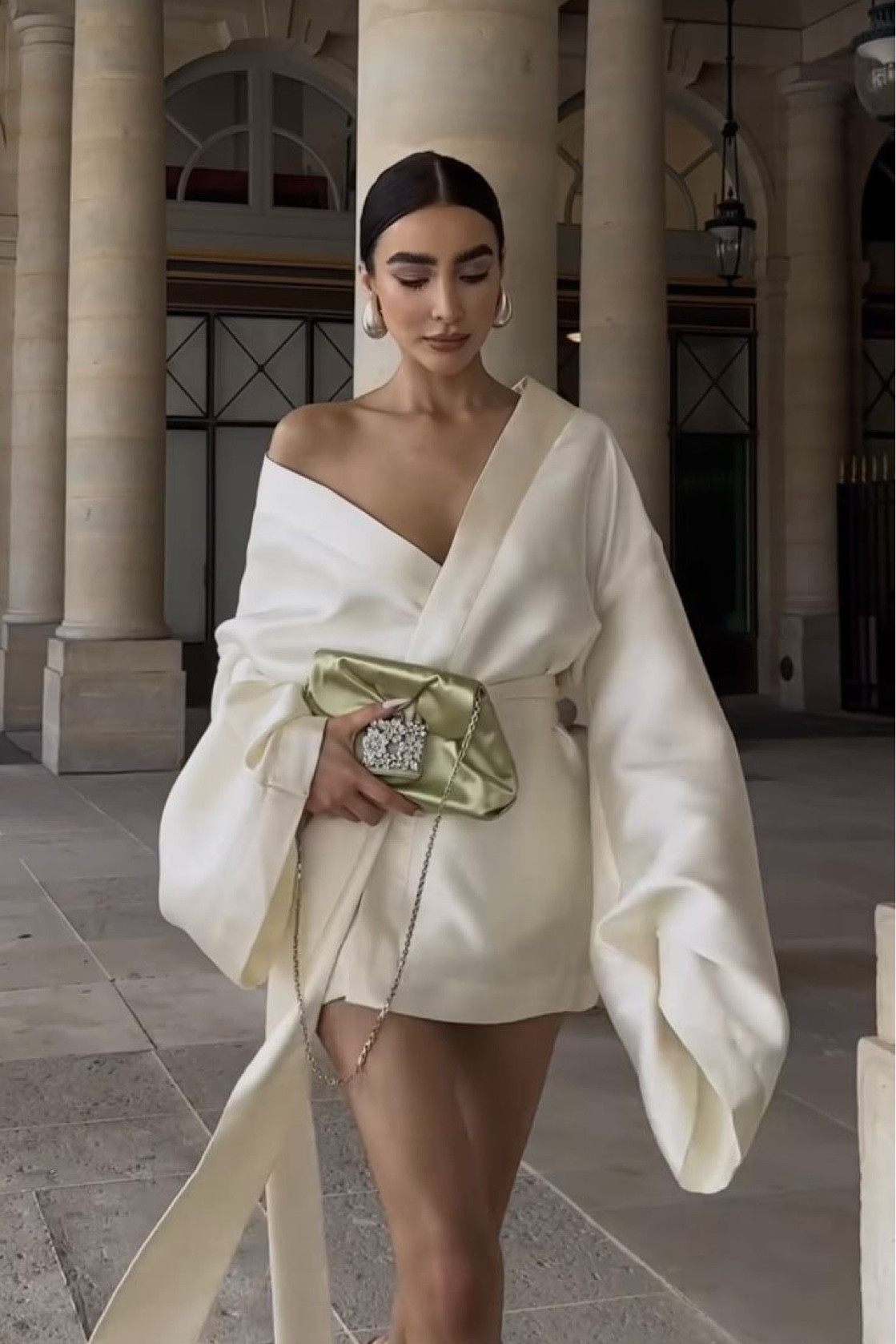 Wedding dress
White /cream satin v neck doll mini dress
Green satin clutch
Silver chunky gold earrings 


#LTKWedding #LTKStyleTip #LTKSeasonal