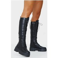 Black Knee High Lace Up Textured Sole Chunky Boots | PrettyLittleThing IE