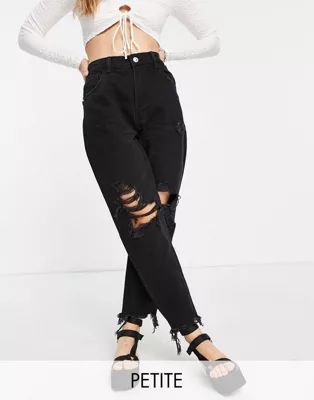 Bershka organic cotton Petite mom jean with rips and distressed hem in black | ASOS (Global)