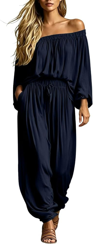 Women's Linen 2 Piece Outfits Off Shoulder Top and Baggy Harem Pants Set | Amazon (US)