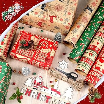Amazon.com: Panigkids Christmas Wrapping Paper Set with Jute Twine, Red, Green & Natural Kraft Ro... | Amazon (US)