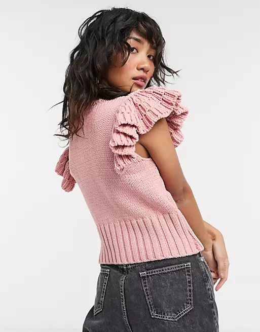 Y.A.S Petite knit top with ruffle sleeves in pink | ASOS (Global)