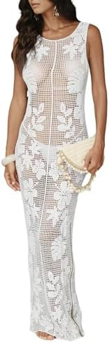 WDIRARA Women's Floral Crochet Sheer Cover Up Maxi Beach Dress Hollow Out Sleeveless Coverups | Amazon (US)