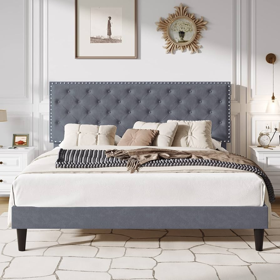 SHA CERLIN King Size Velvet Bed Frame with Adjustable Headboard, Diamond Button Tufted and Rivet ... | Amazon (US)