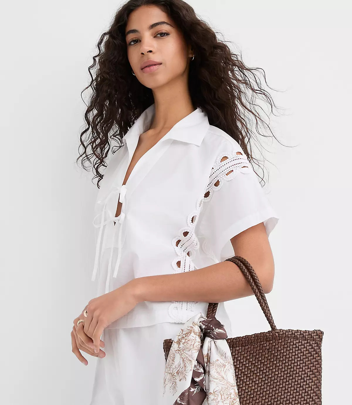 Lace Eyelet Bow Poplin Shirt | LOFT