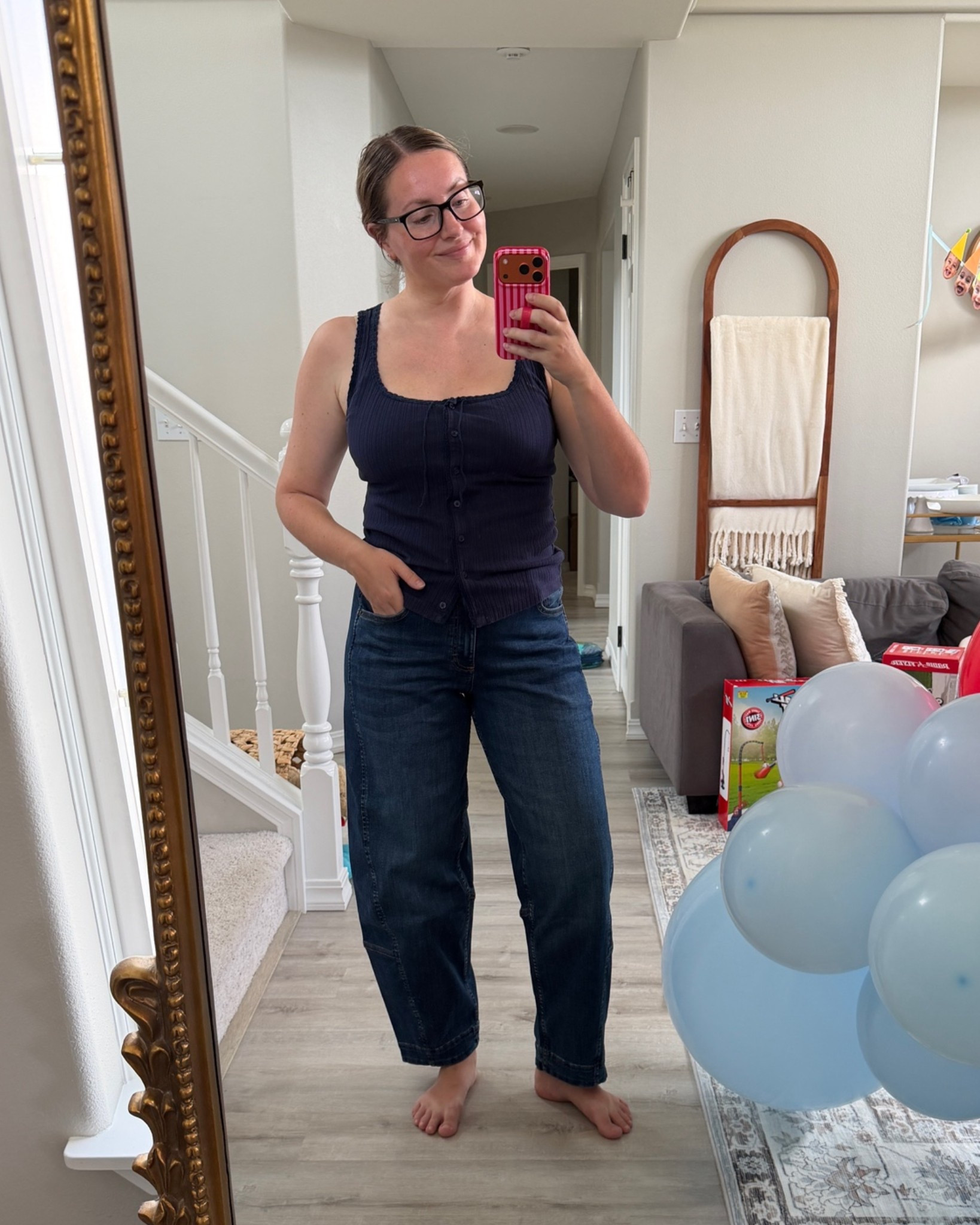Barrel jeans @Ruti are chefs kiss 🤌🏼 lightweight, stretchy and so comfy!! I did my normal size in long (5’5” for reference)

#LTKootd #LTKmomlife