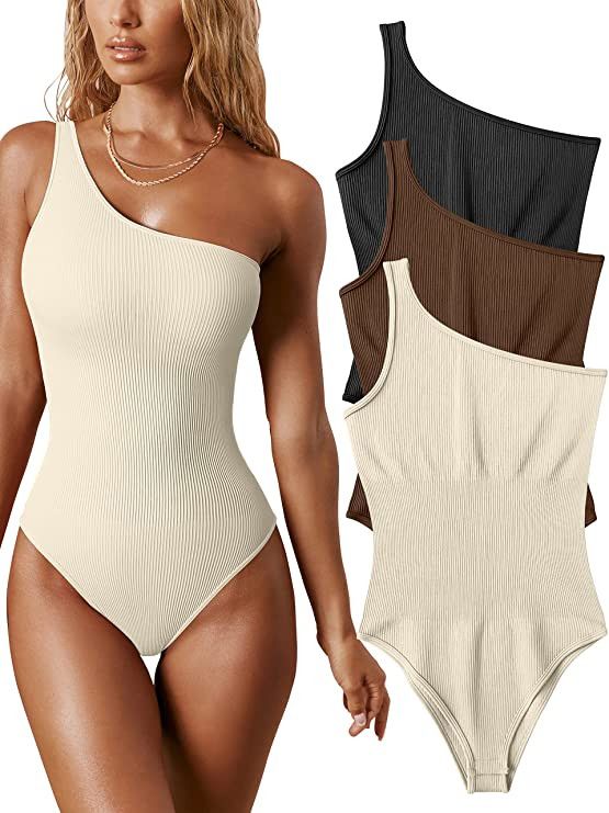 OQQ Women's 3 Piece Bodysuits Sexy Ribbed One Shoulder Sleeveless Exercise Bodysuits | Amazon (US)