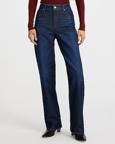 High Waisted Dark Wash Relaxed Straight Jeans | Express
