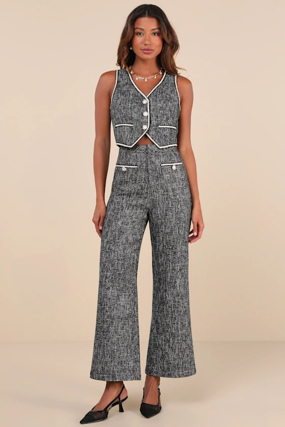Poised Decision Black Tweed Lurex High-Rise Wide-Leg Pants | Lulus