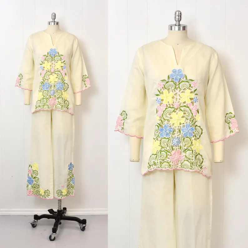 1980s Floral Embroidered Lattice Cut Out Lace Meg's Imports Blouse Pants Sheer Two Piece Matching... | Etsy (Global)