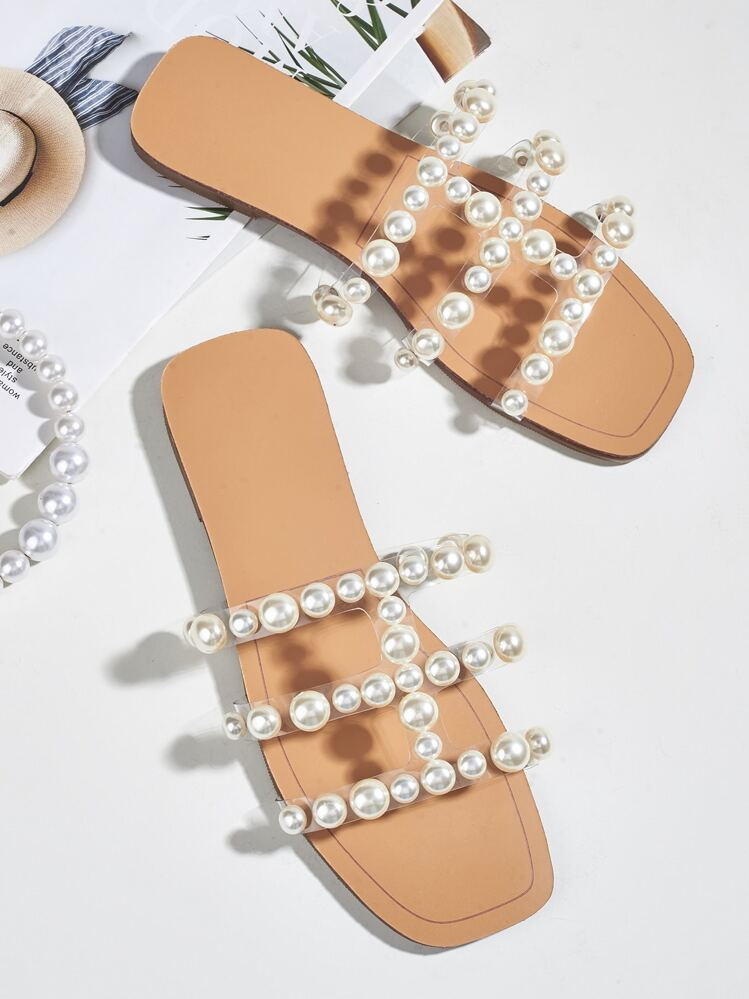 French Faux Pearl Decor Flat Sandals Women, Fashion Strap Beach Slippers For Vacation | SHEIN