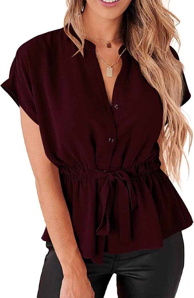 Women's Blouses with Buttons and Belt, Chiffon Blouse Short Sleeves for Work, Summer Elegant top ... | Amazon (US)