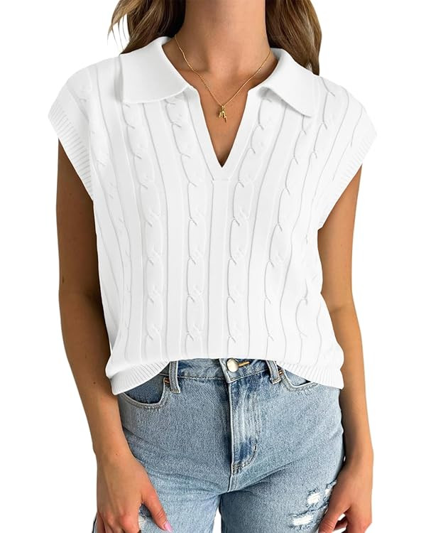 Saodimallsu Womens V Neck Polo Sweater Vest Cable Knit Cap Sleeve Spring Summer Casual Loose Pull... | Amazon (US)