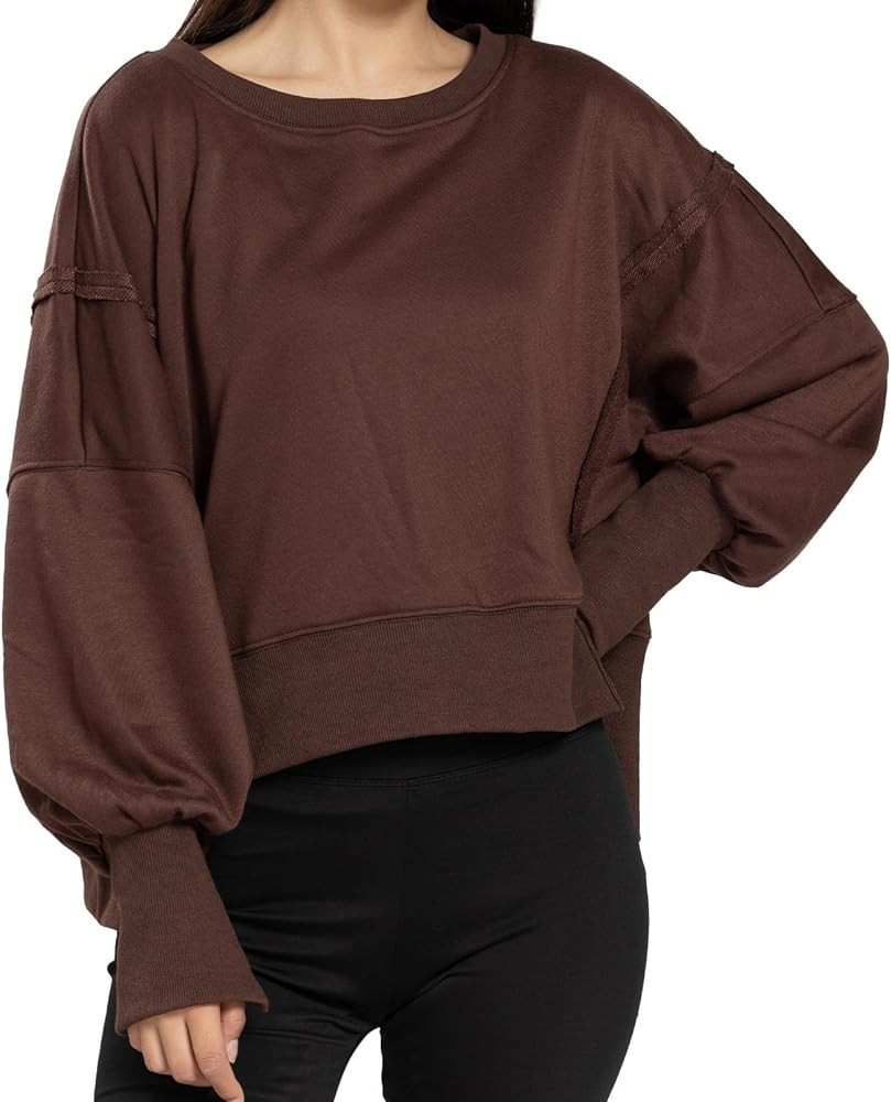 Womens Crewneck Sweatshirts Cropped Long Sleeve Tops Oversize Loose Fit Tee Side Slit Pullover Ts... | Amazon (US)