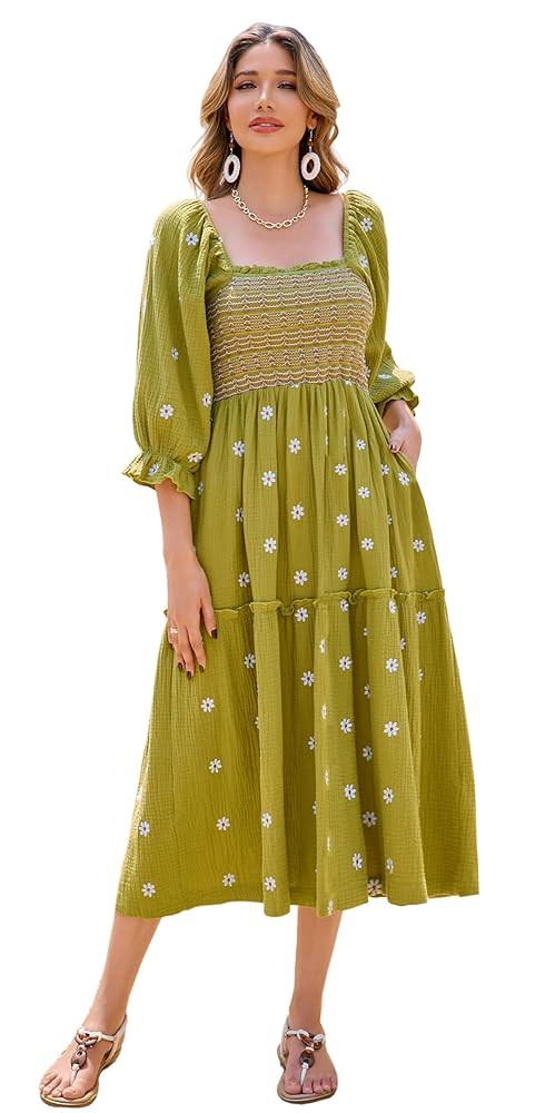 R.Vivimos Women's Long Sleeve Cotton Boho Midi Dress Vintage Square Neck Floral Embroidered Tiere... | Amazon (US)