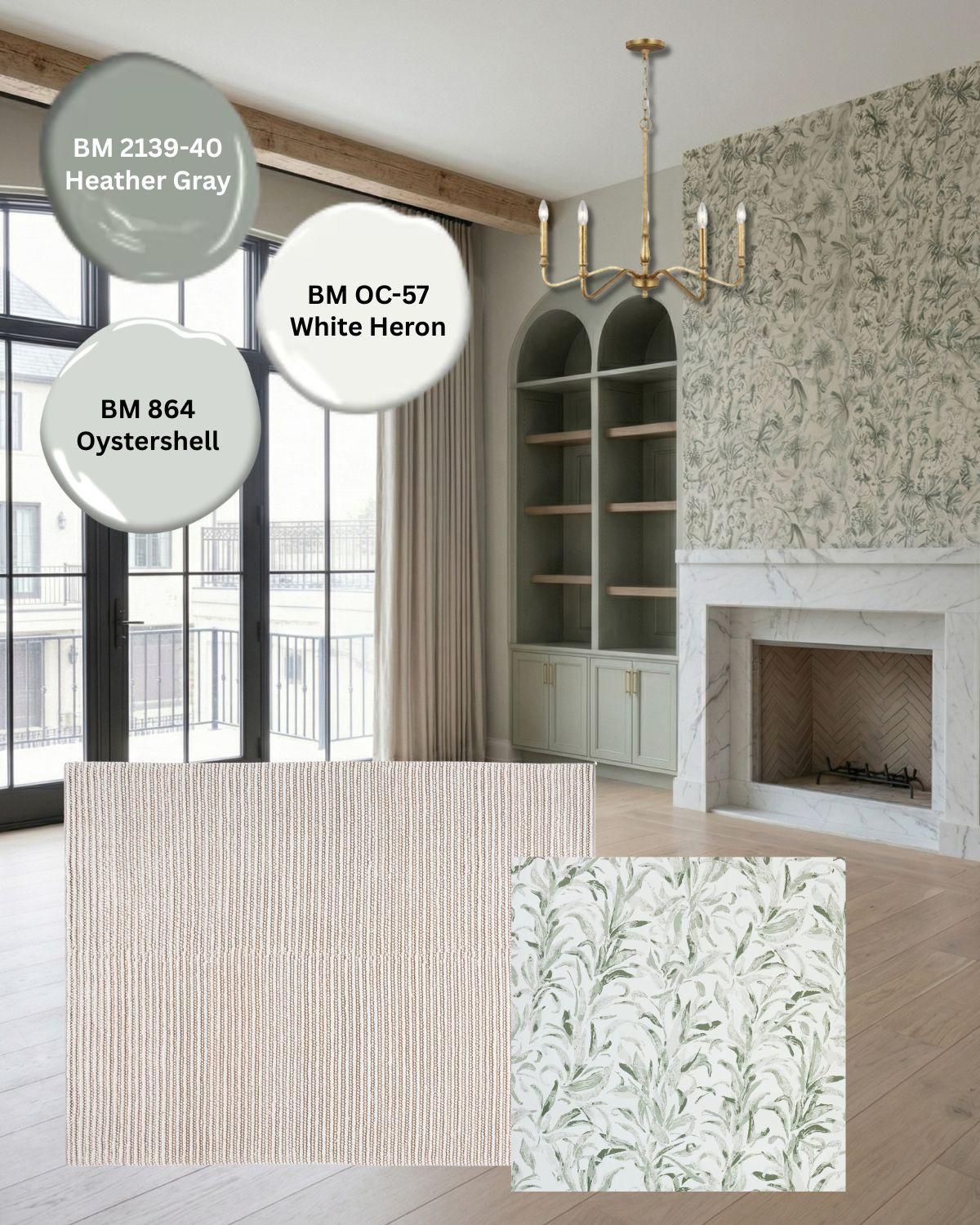 Use Heather Gray on built-ins and Oystershell on the walls, with a botanical wallpaper in your living room. Finish with gold hardware, like this chandelier and a plain wool rug to match the curtains 

 #LTKhome #LTKstyletip