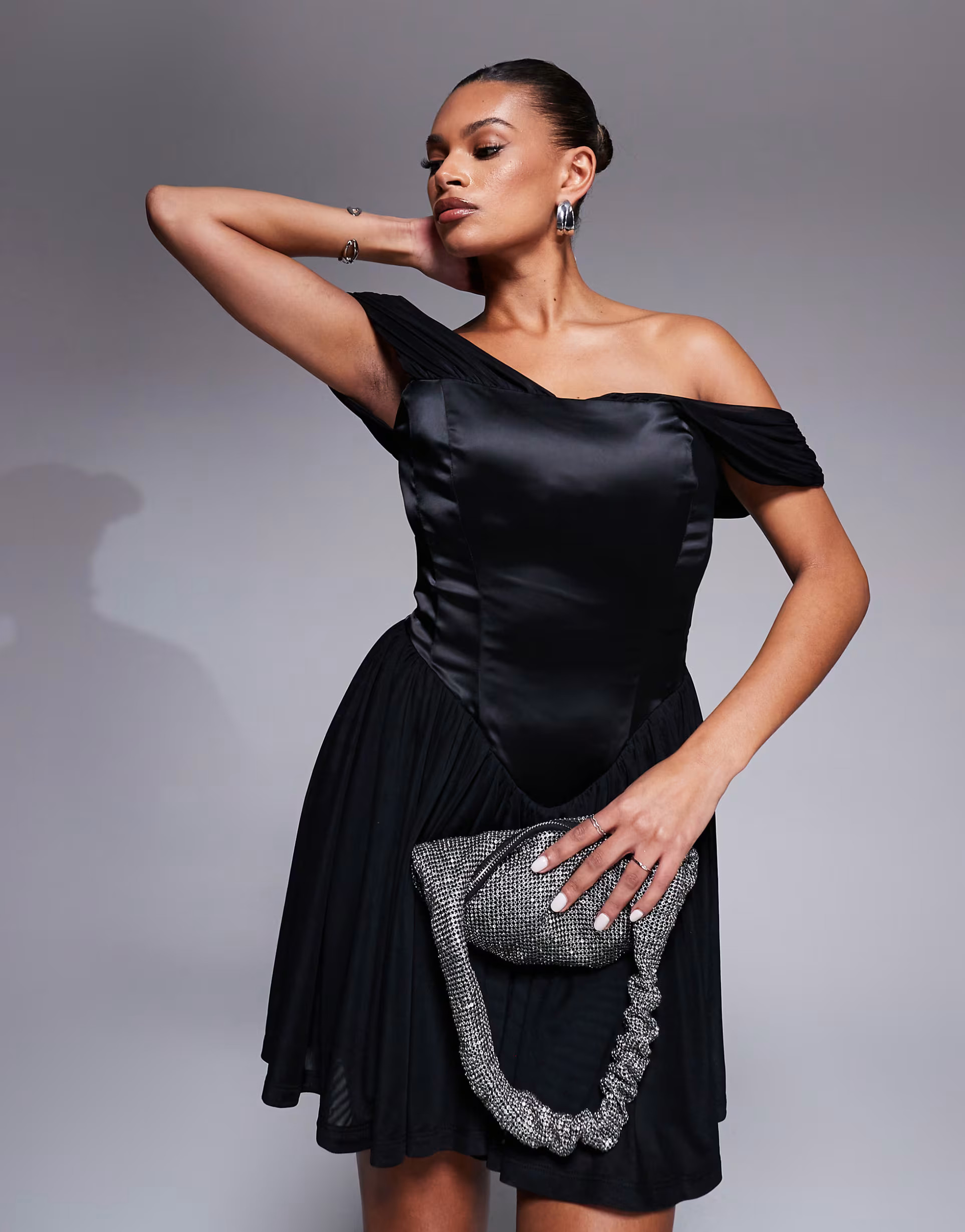 Taideux fuller bust Savannah satin and mesh mini corset dress with off shoulder detail in black | ASOS (Global)