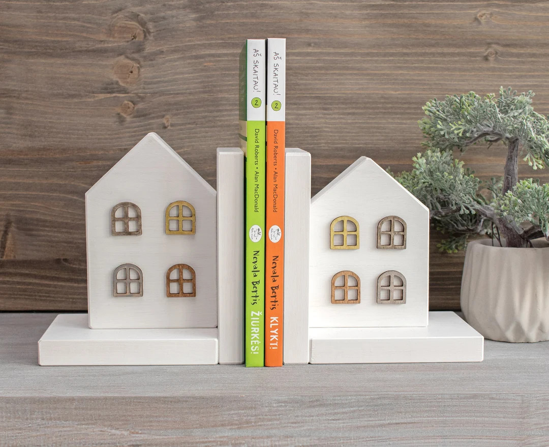 Wood House Bookends Book Stopper Shelf Decor - Etsy | Etsy (US)