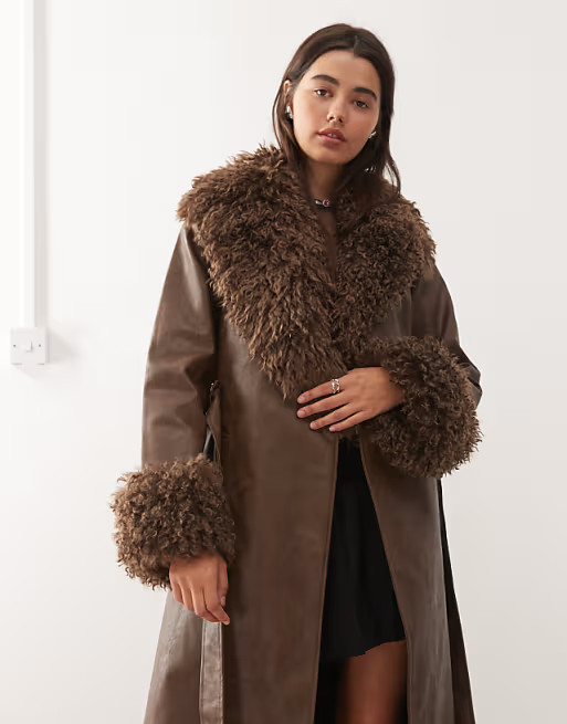 Reclaimed Vintage leather look trench coat with faux fur collar and cuffs in brown | ASOS | ASOS (Global)