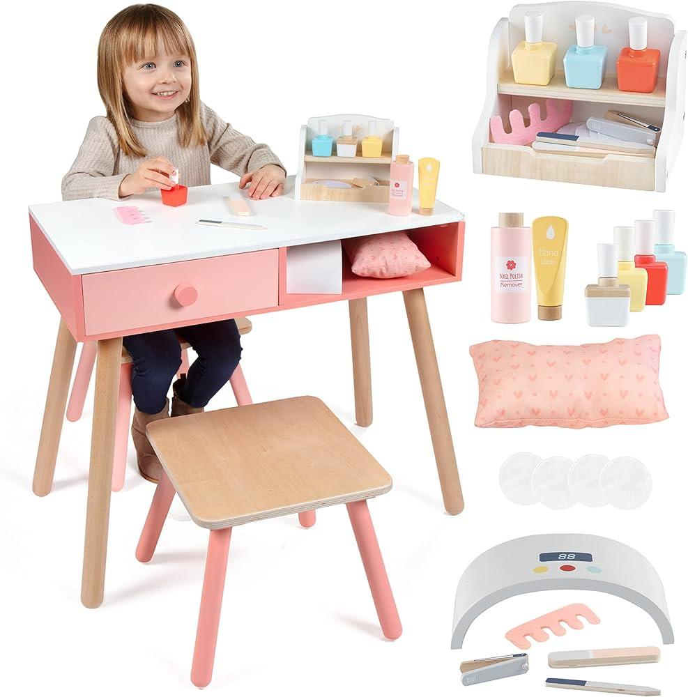 Pretend Nail Salon Wooden Play Set- Run Your Own Salon- Full Playset Includes Nail Polishes, Beau... | Amazon (US)