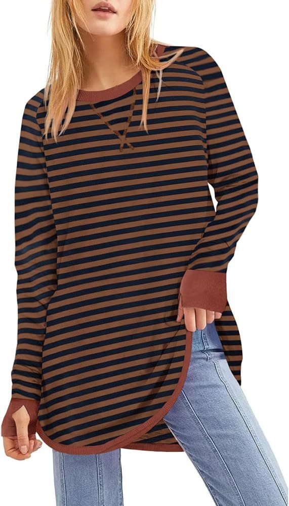 Tankaneo Womens Striped Tunic Tops Casual Long Sleeve Color Block Crew Neck Shirts | Amazon (US)