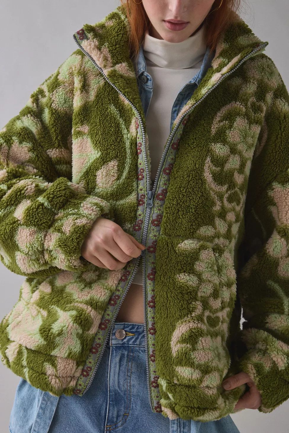 BDG Mae Printed Piled Fleece Zip-Up Jacket | Urban Outfitters (US and RoW)