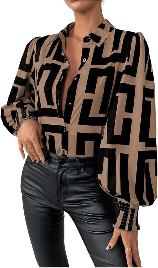 SweatyRocks Women's Graphic Print Long Lantern Sleeve Collar Neck Button Front Blouse Shirt Top | Amazon (US)