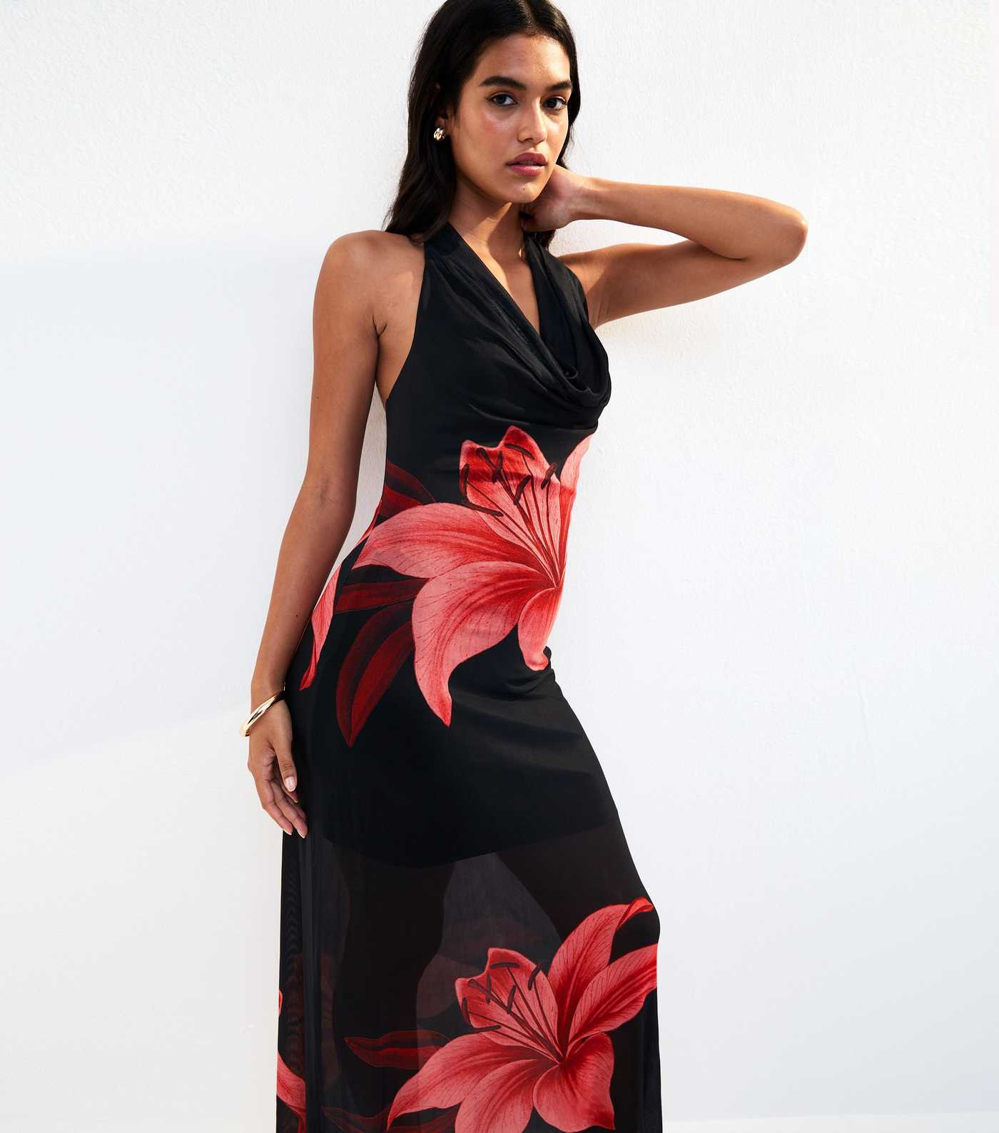 Black Mesh Floral Print Cowl Halterneck Maxi Dress | New Look | New Look (UK)