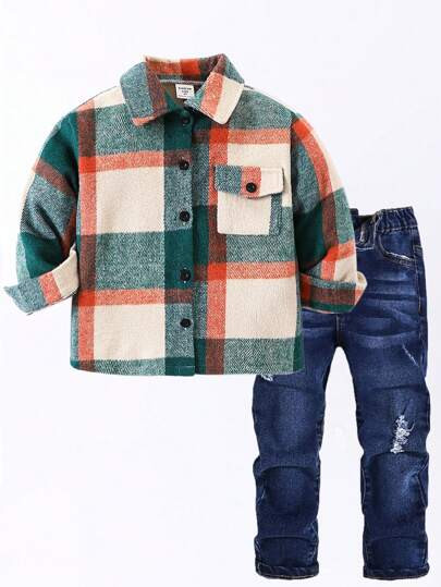 Young Boy Casual American Style Collared Sherpa Jacket, Plaid Pattern, Front Pockets, Adjustable ... | SHEIN