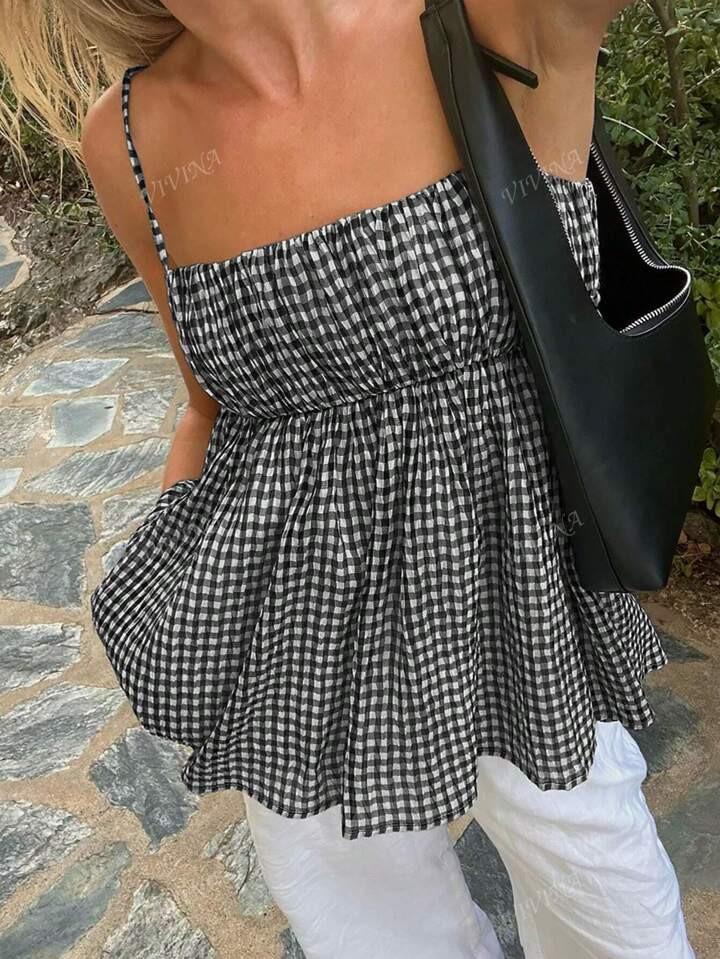 Women's Minimalist Plaid Bubble Design Ruched Trim Camisole, Resort Style | SHEIN