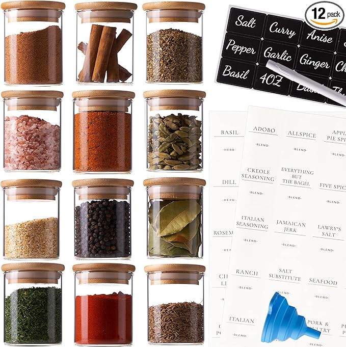 Stylvio 12 4oz Glass Spice Jars Set with Airtight Natural Bamboo Lids and 95 Pre-printed Minimali... | Amazon (US)