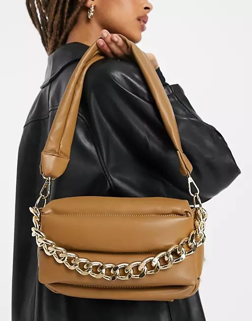ASOS DESIGN puffed quilted shoulder bag in brown with chunky chain | ASOS (Global)