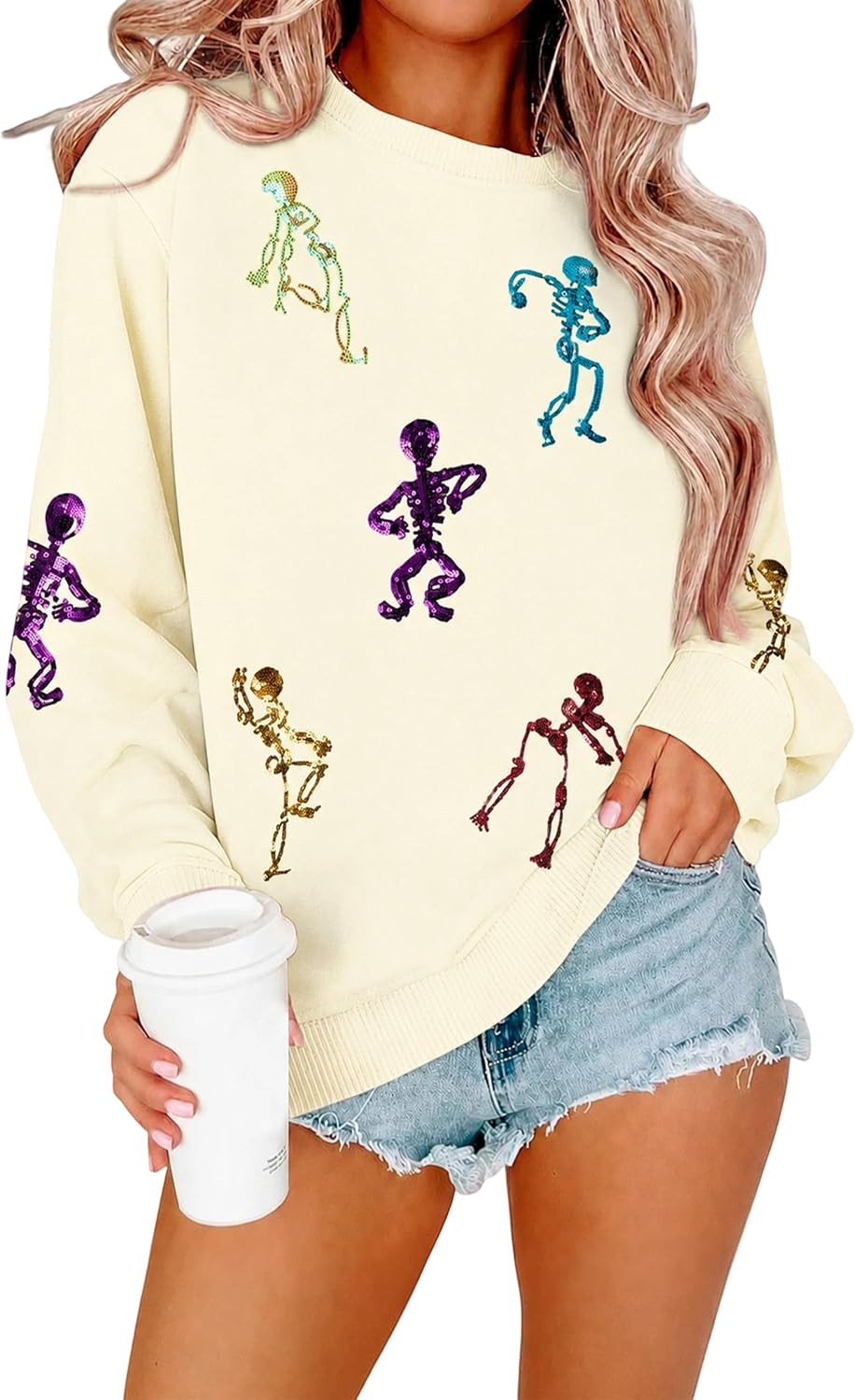 Halloween Sweatshirt Women Spooky Season Sweaters Sequin Skeleton Shirt | Amazon (US)