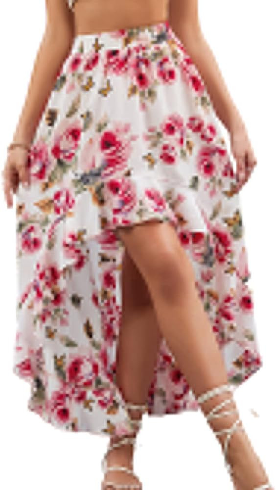 CHARTOU Women's Boho Elastic High Waist High Low Ruffle Floral Print Maxi Sexy Swing Skirt | Amazon (US)