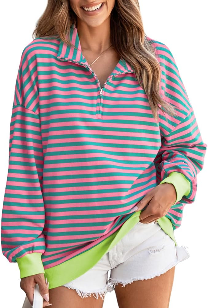 EVALESS Oversized Sweatshirt for Women 2024 Fall Outfits Fashion Long Sleeve Shirts Striped Quart... | Amazon (US)