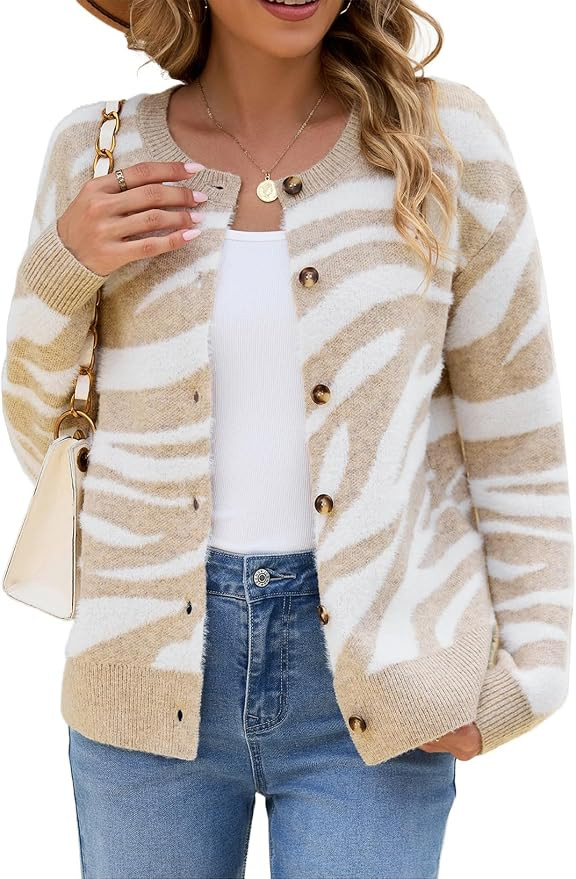 Sidefeel Women's Long Sleeve Crewneck Animal Print Cardigans Sweaters | Amazon (US)