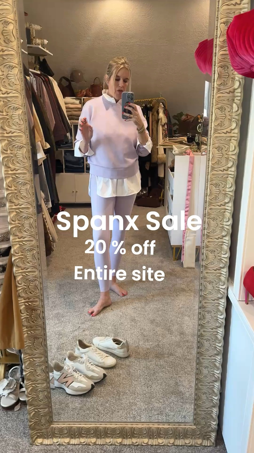 20% off Entire Spanx Site 
Now’s the time to shop new arrivals 

New Arrivals

Air essentials New color lavender
Air essentials fabric is butter soft and so so good
I am wearing the crew neck over my shoulder, fits tts I wear the med

The lavender booty lift leggings in the long length, high rise, tummy control and bootie lift!
So comfy and flattering 
Fit tts I am in a med 

White button up oversized tuxedo shirt . I got a men 

Love this easy carefree look to grab a coffee, run errands work from home or watch grandbabies

Large manufactured diamonds stud earrings 

#LTKActive #LTKSpringSale #LTKSaleAlert