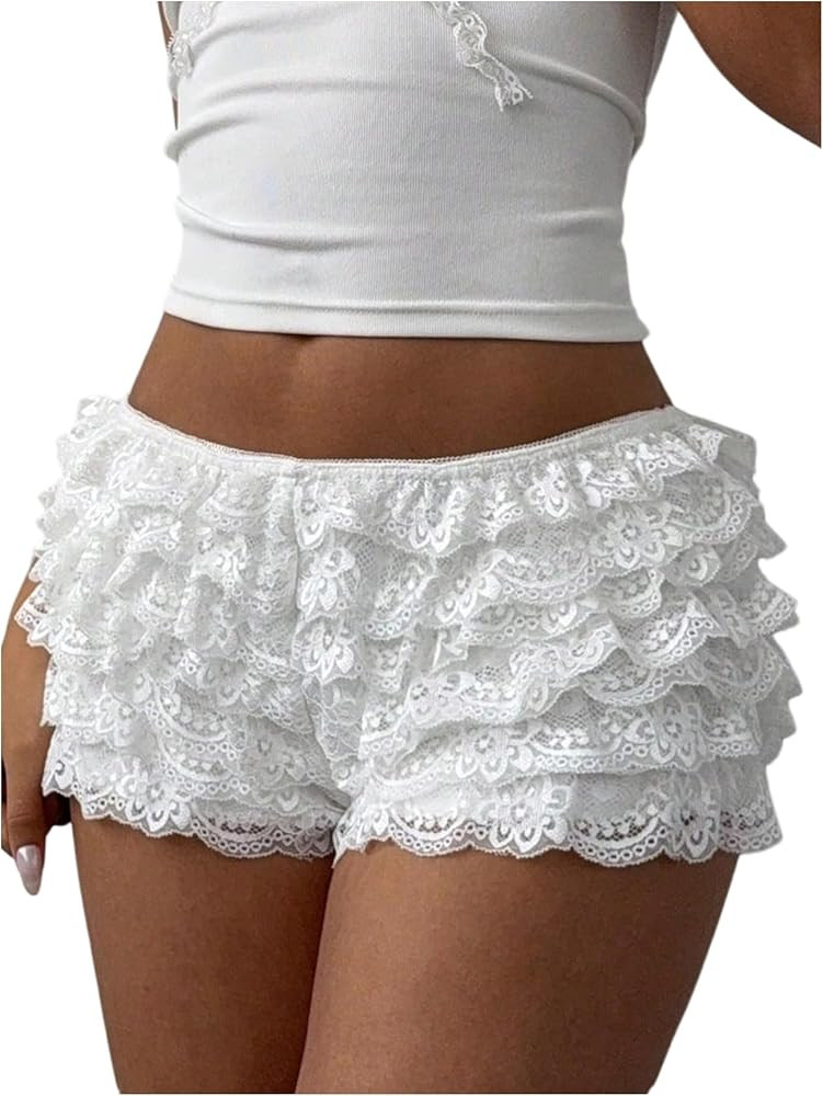 Verdusa Women's Ruffle Shorts Y2K Lace Bloomers Low Waist Mirco Mini Shorts | Amazon (US)