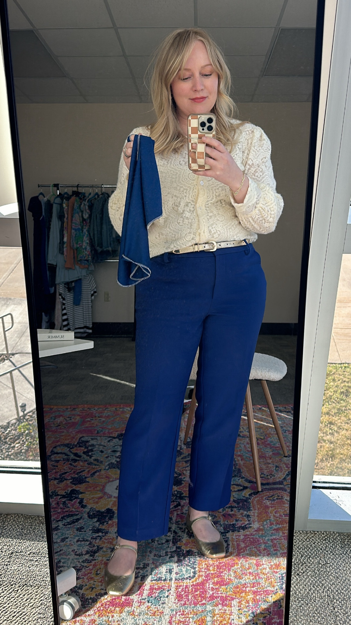 Bright Navy pants for springs. This pant called the Riveria is also so comfy! I’m 5’3” and in a regular length. They also have a petite and a tall  