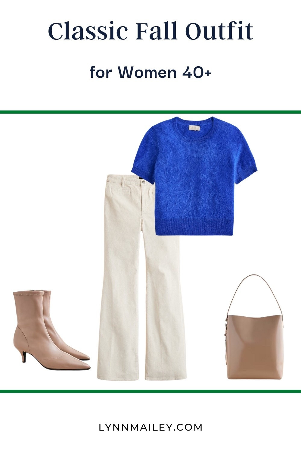 A timeless fall pairing for women 40+ an eye catching bright blue, short sleeve sweater, ivory, corduroys, and neutral boots and bag.

#LTKMidsize #LTKautumn #LTKOver40