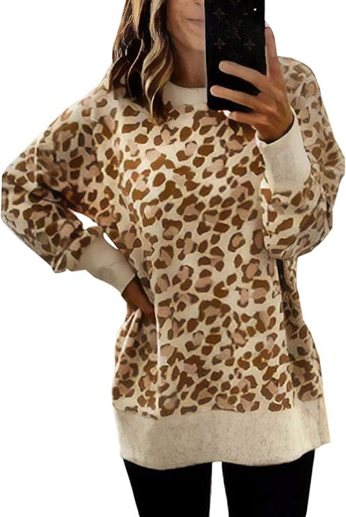 Angashion Women's Sweatshirts - Casual Leopard Print Crewneck Long Sleeve Oversized Pullover Tuni... | Amazon (US)