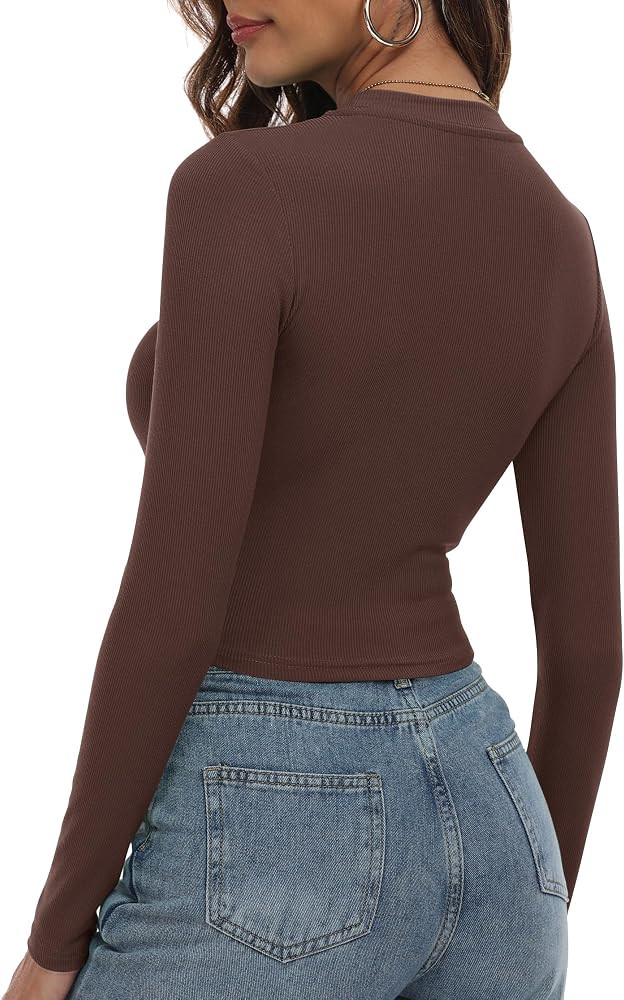 Artfish Women's Round Neck Long Sleeve Knit Ribbed Fitted Crop Top Casual Basic Shirts | Amazon (US)