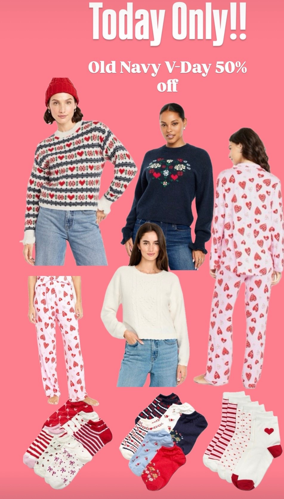 TODAY ONLY!! Old Navy 50% off all Valentines clothes, pj’s & socks. And spend $75 & get an additional 15% off! 

#LTKSeasonal #LTKSaleAlert #LTKKids