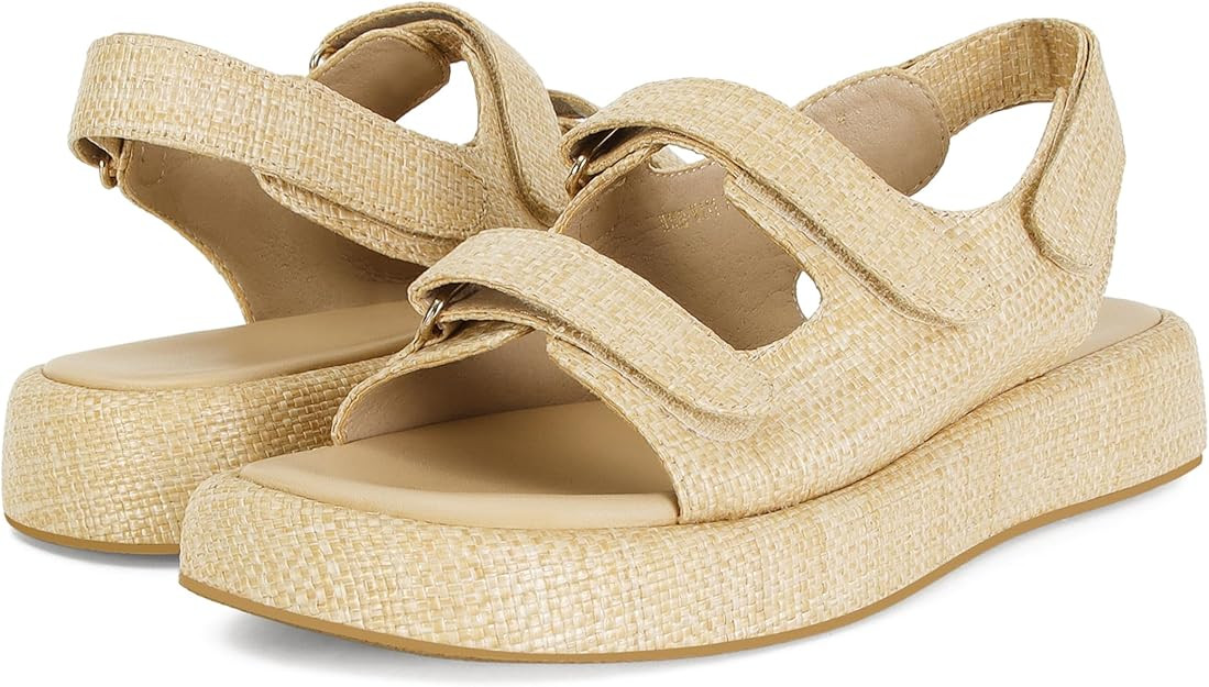 Raffia Sandals for Women Platform Summer Open Toe Slingback Lace Beach with Adjustable Double Buc... | Amazon (US)