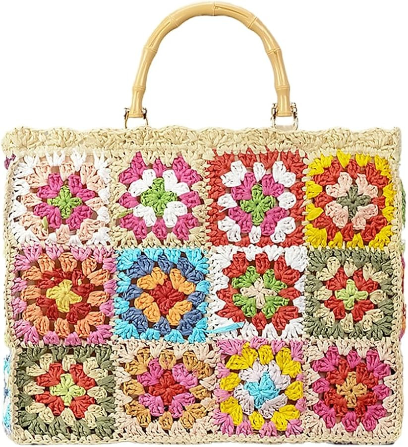 Granny Square Straw Tote Bags for Women Knit Top-handle Bag Handbag Hobo Purses Beach Bag 2024 | Amazon (US)