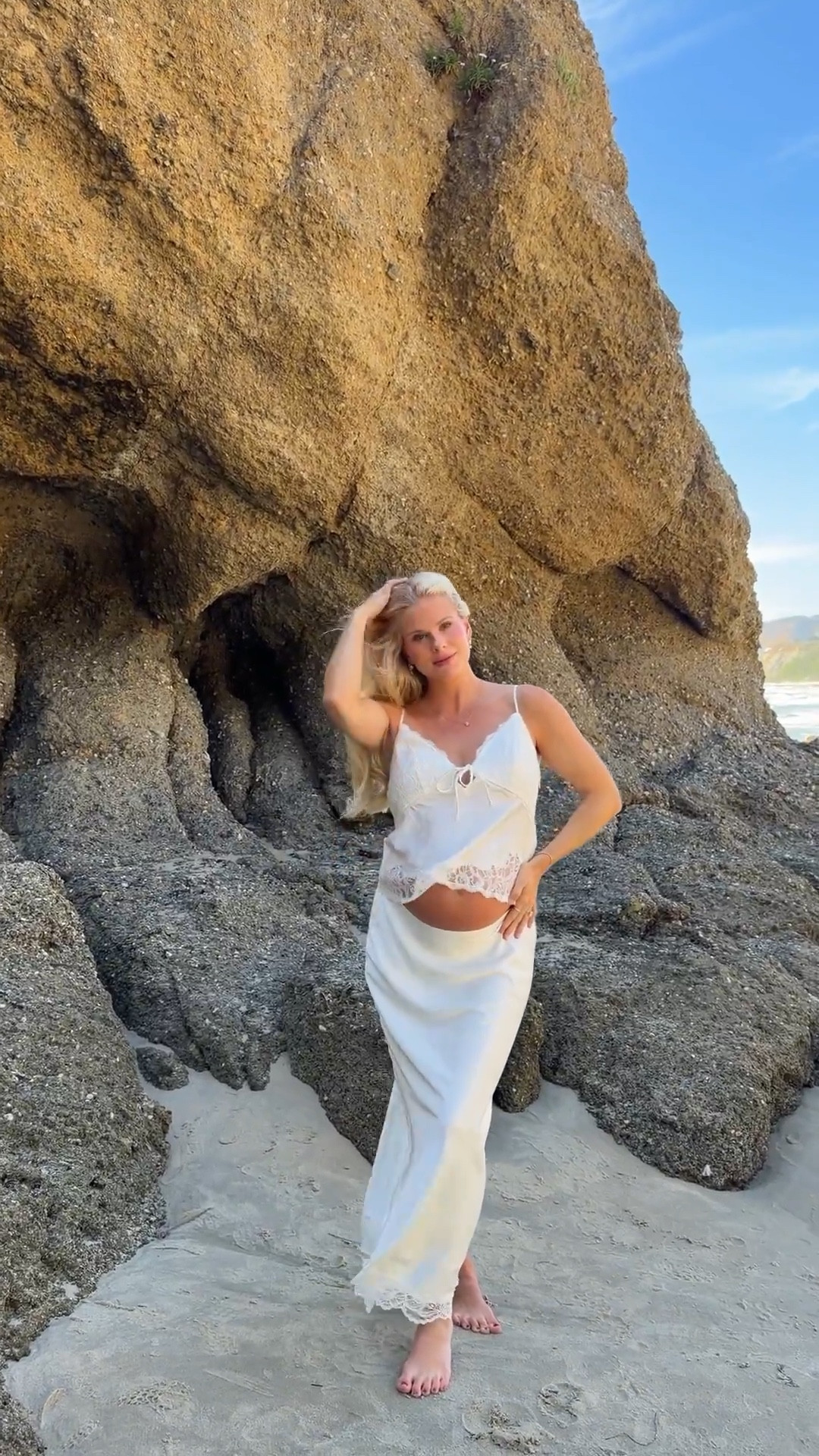 Wearing a medium in top & skirt (sized up for pregnancy, reg length)! The perfect set for brides, maternity shoot, or a vacay!! #kathleenpost @abercrombie #abercrombiepartner