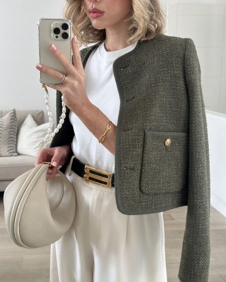 Tweed jacket, white t-shirt, white wide leg trousers, leather belt, white trainers 

#LTKeurope #LTKstyletip #LTKSeasonal