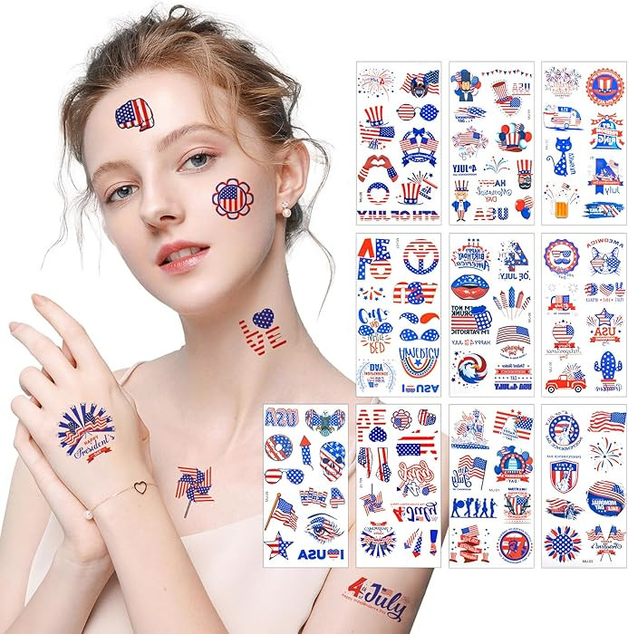 100PCS 4th of July Temporary Tattoos, Fourth of July Patriotic Tattoo, America Flag Red White and... | Amazon (US)