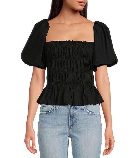 Savina Square Neck Short Puff Sleeve Ruched Smocked Peplum Top | Dillard's